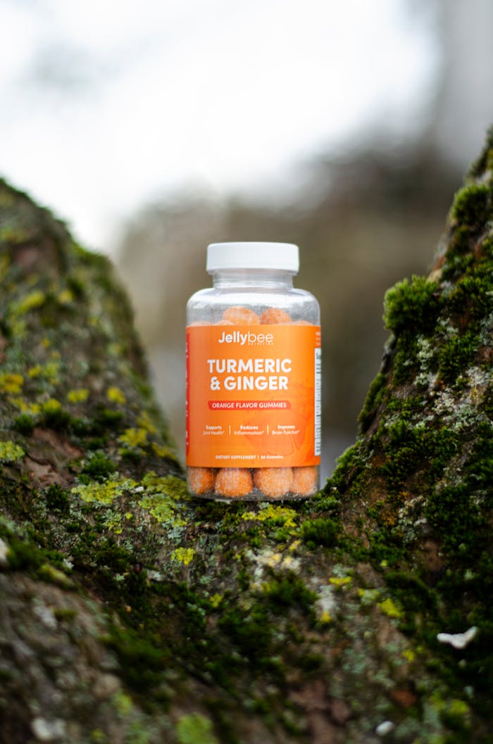 services-04 Jellybee Turmeric & Ginger gummies bottle on a moss-covered tree trunk.